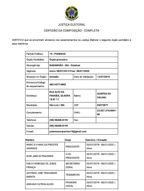 Composição do novo diretório do Podemos-19 é toda de assessores do deputado federal Eduardo Braide